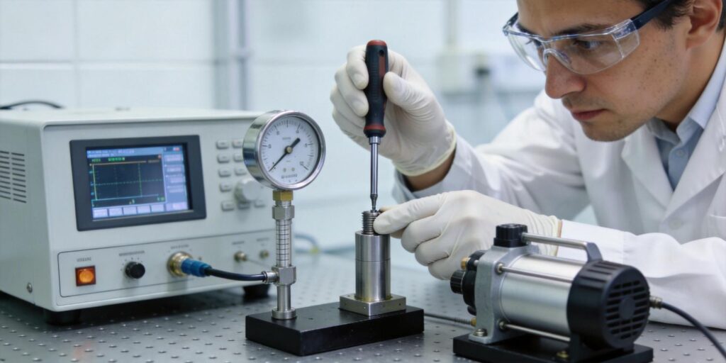 Technician calibrating vacuum measurement instrument