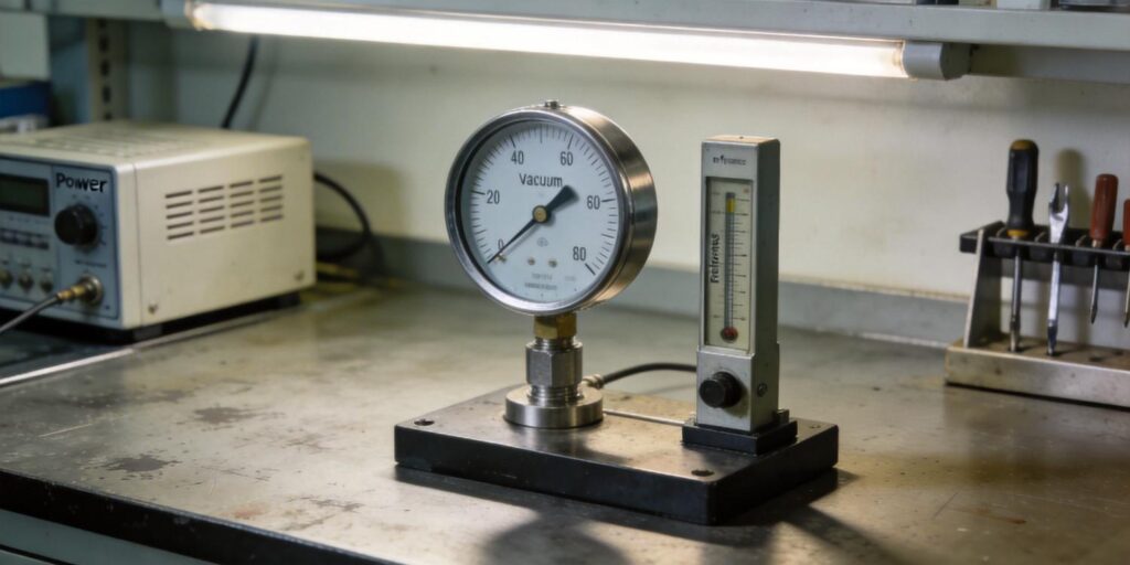 Vacuum gauge undergoing calibration on laboratory bench