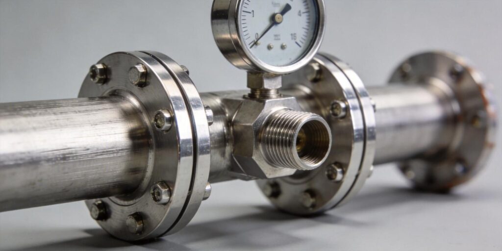 Vacuum gauge flange mounted on stainless vacuum pipeline