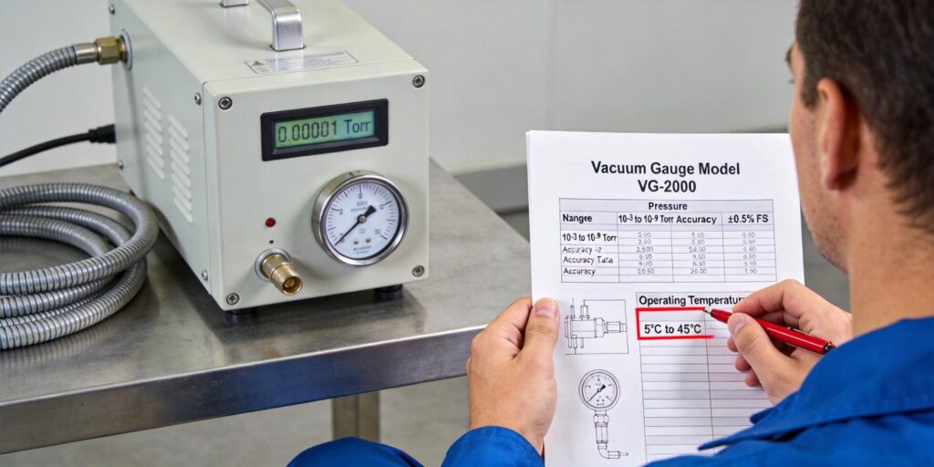 Engineer comparing vacuum gauge specifications
