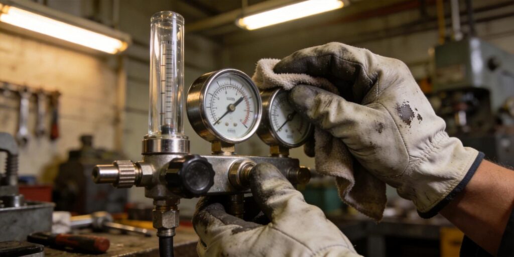 Technician servicing vacuum gauge components