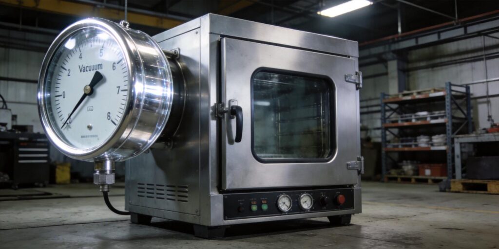 Vacuum gauge mounted on industrial drying oven pipeline