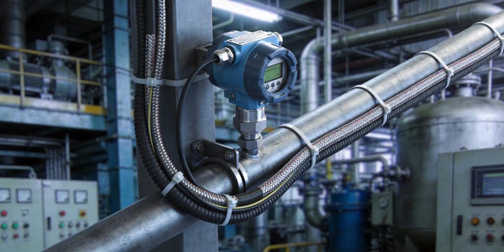 Vacuum transmitter connected with shielded cables in industrial setting