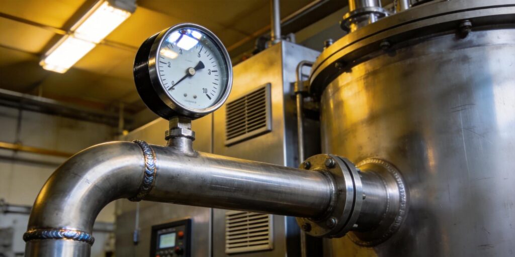 Vacuum gauge mounted on industrial vacuum furnace pipeline