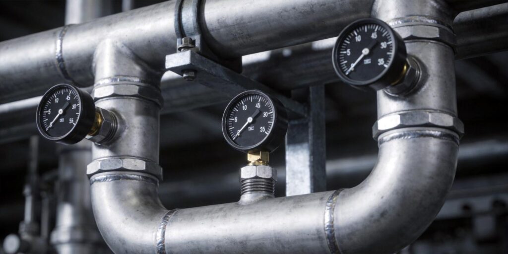 Vacuum gauge installed on industrial stainless steel pipeline