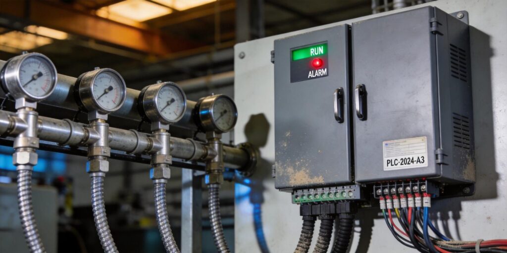 Vacuum transmitter wired to PLC with alarm lights