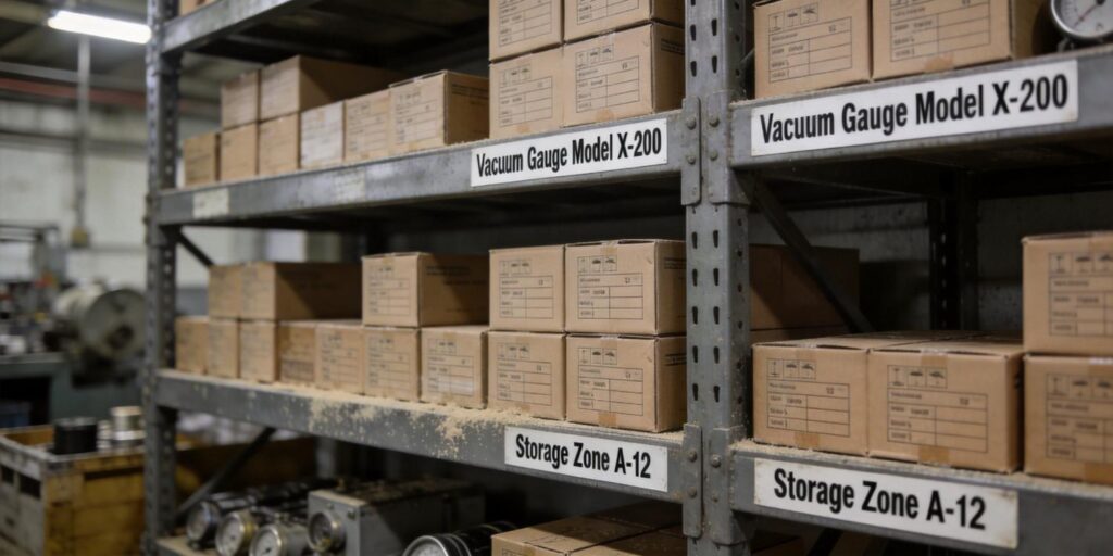 Vacuum gauges stored as spare parts in manufacturing warehouse