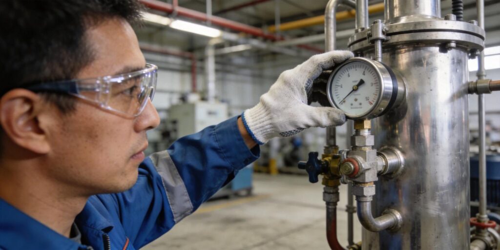 Engineer inspecting vacuum gauge on industrial vacuum system