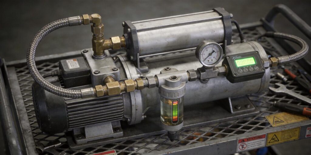 Vacuum pump system with installed vacuum gauge and oil trap