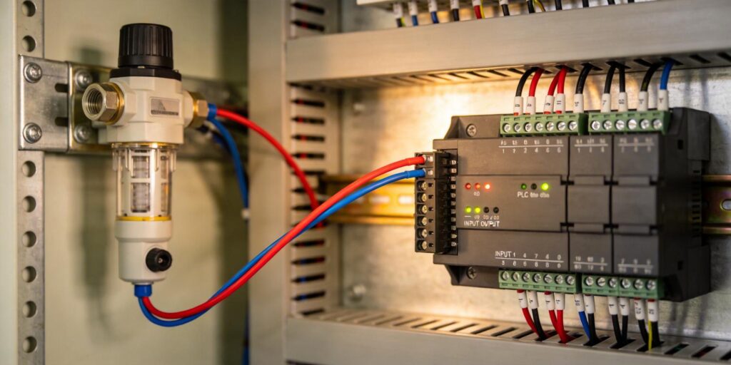 Vacuum transmitter wired to PLC inside industrial control cabinet