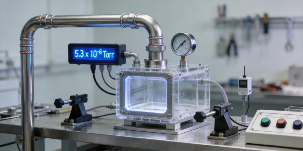 Industrial vacuum gauge installed on stainless steel vacuum chamber in laboratory