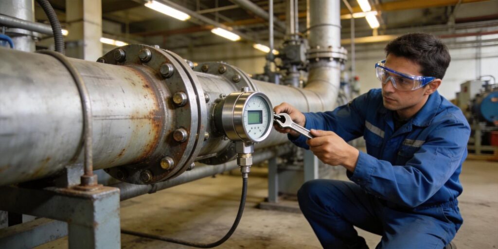 Technician installing vacuum gauge on stainless vacuum pipe