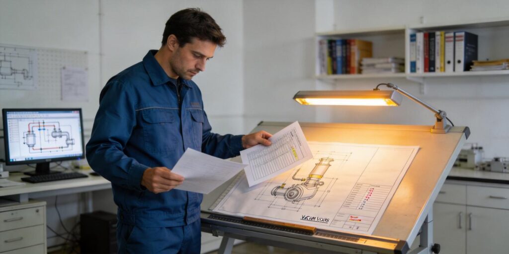 Engineer reviewing vacuum gauge specifications beside system blueprint