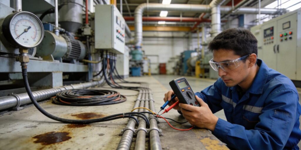 Technician testing vacuum gauge wiring for interference