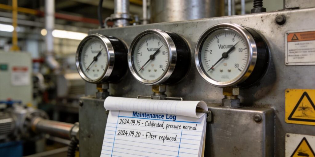 Industrial vacuum gauges installed on manufacturing equipment