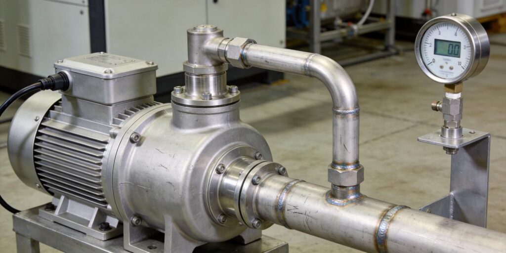 Vacuum gauge mounted on vacuum line connected to turbomolecular pump