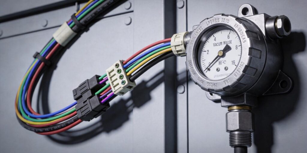 Industrial vacuum transmitter wiring close-up