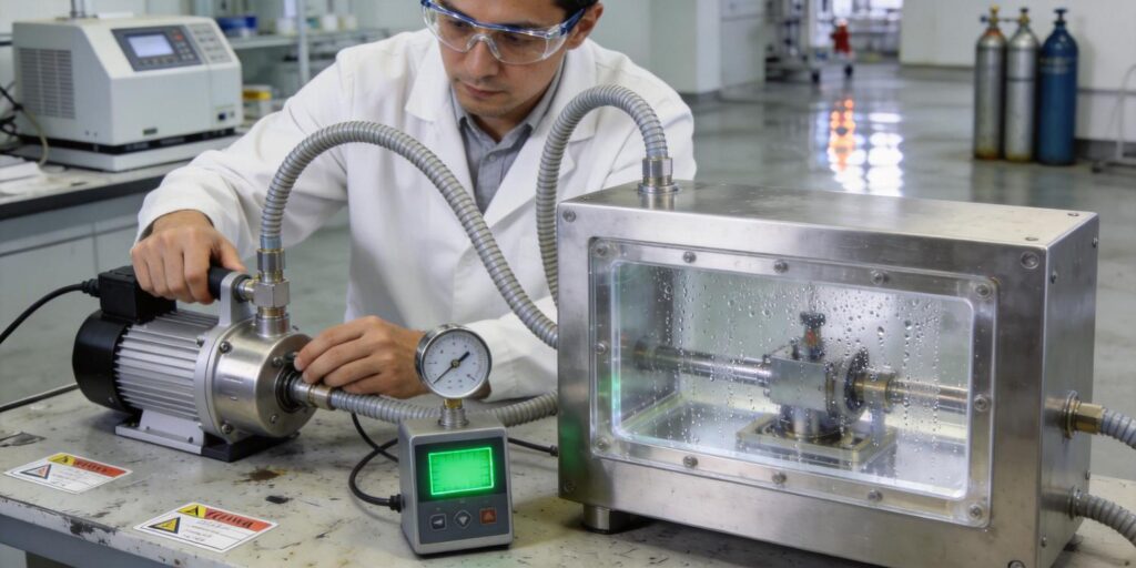 Vacuum gauge monitoring pressure during leak test