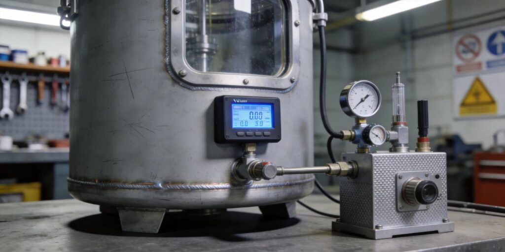Vacuum gauge connected to chamber during leak testing