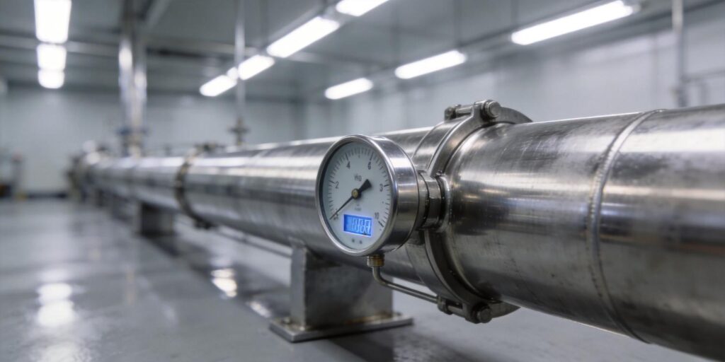 Vacuum gauge mounted on extended stainless steel pipeline