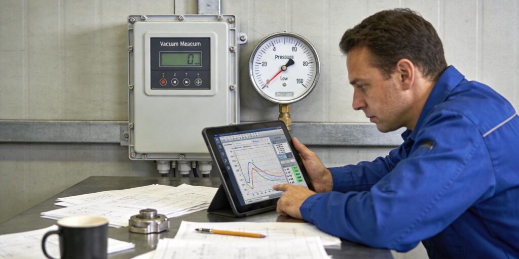 Engineer reviewing vacuum pressure data beside installed gauge