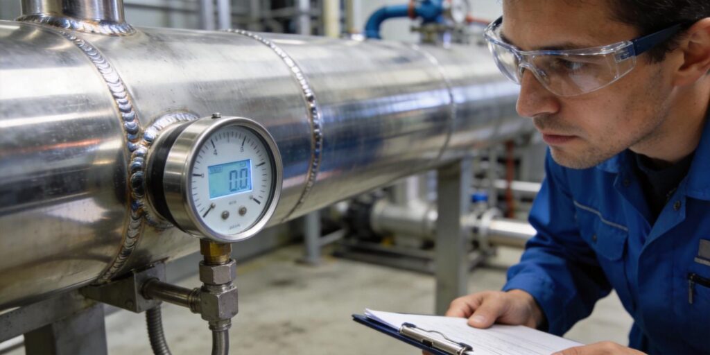 Technician verifying pressure reading on newly installed vacuum gauge