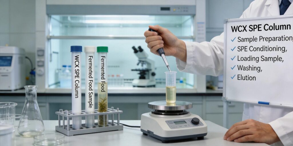 WCX SPE cartridge extracting biogenic amines from food sample