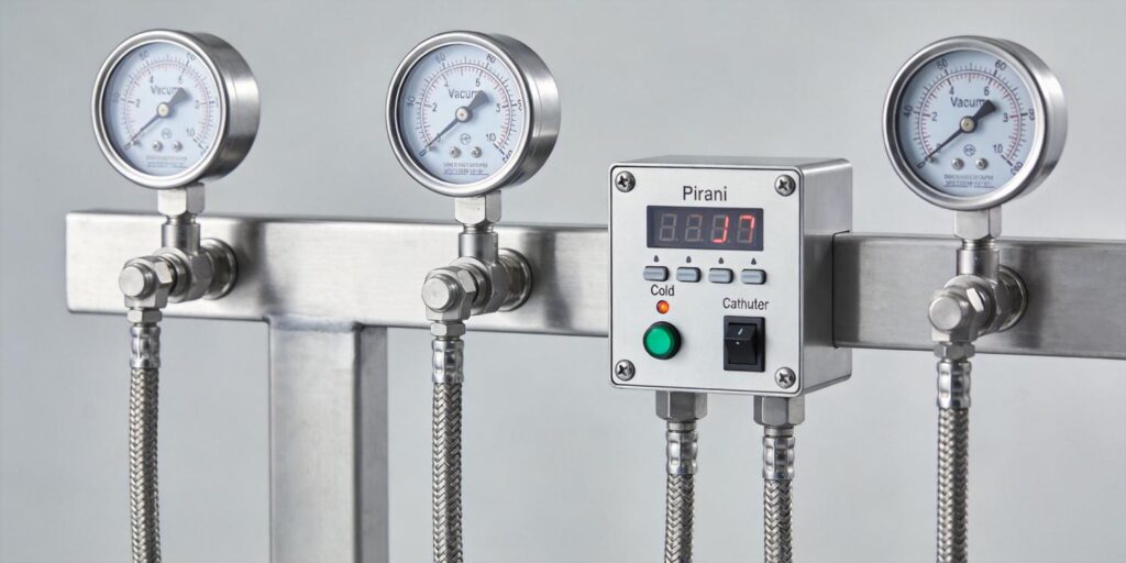 Dual vacuum gauges installed on stainless steel manifold