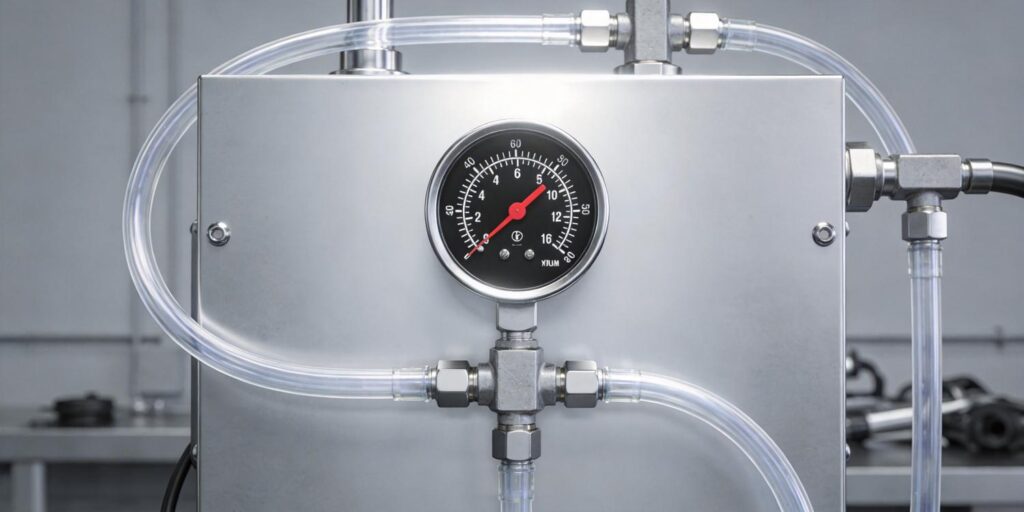 Vacuum gauge mounted on automotive vacuum test bench