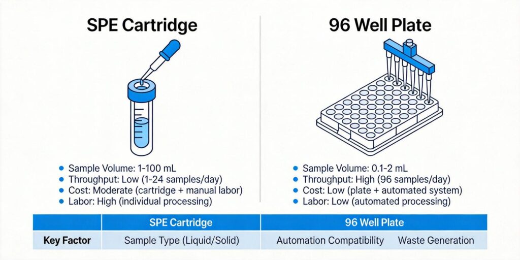 SPE cartridge and 96 well plate comparison in laboratory