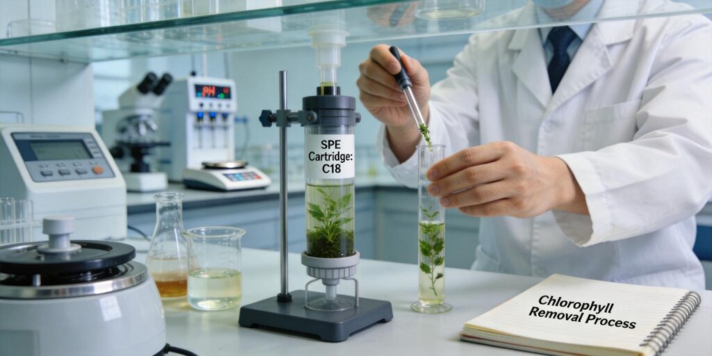 SPE cartridge removing chlorophyll from plant extract samples