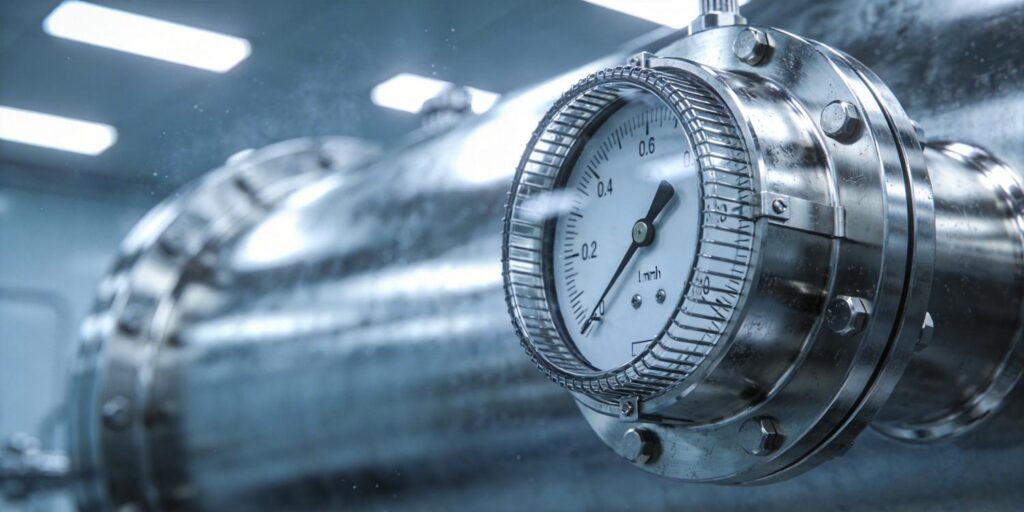 Close up of cold cathode vacuum gauge mounted on chamber