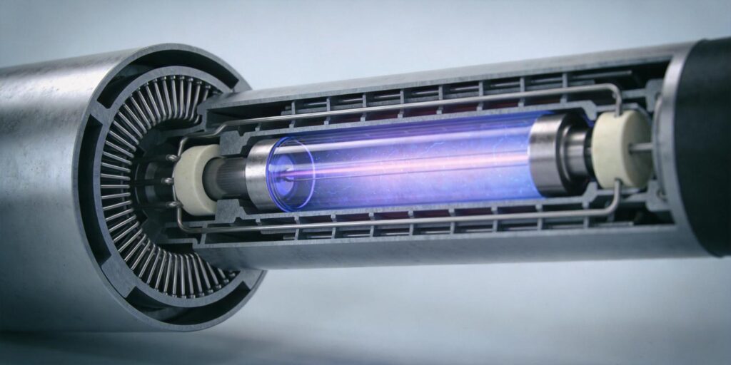 Close up plasma glow inside cold cathode vacuum gauge