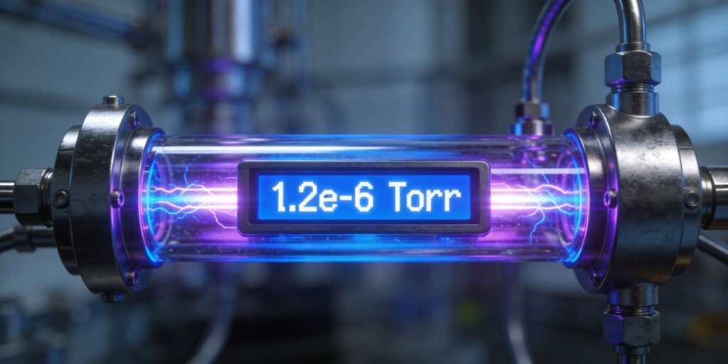 Cold cathode vacuum gauge displaying high vacuum measurement