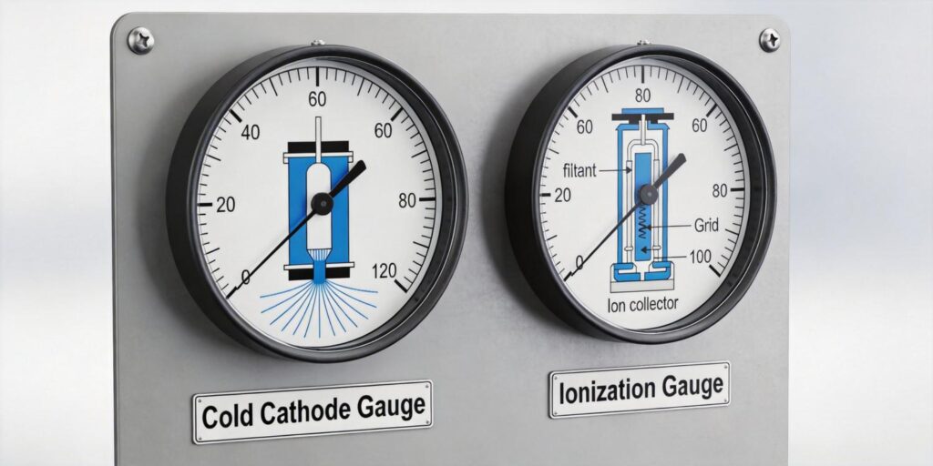 Cold cathode and ionization gauges installed on vacuum system