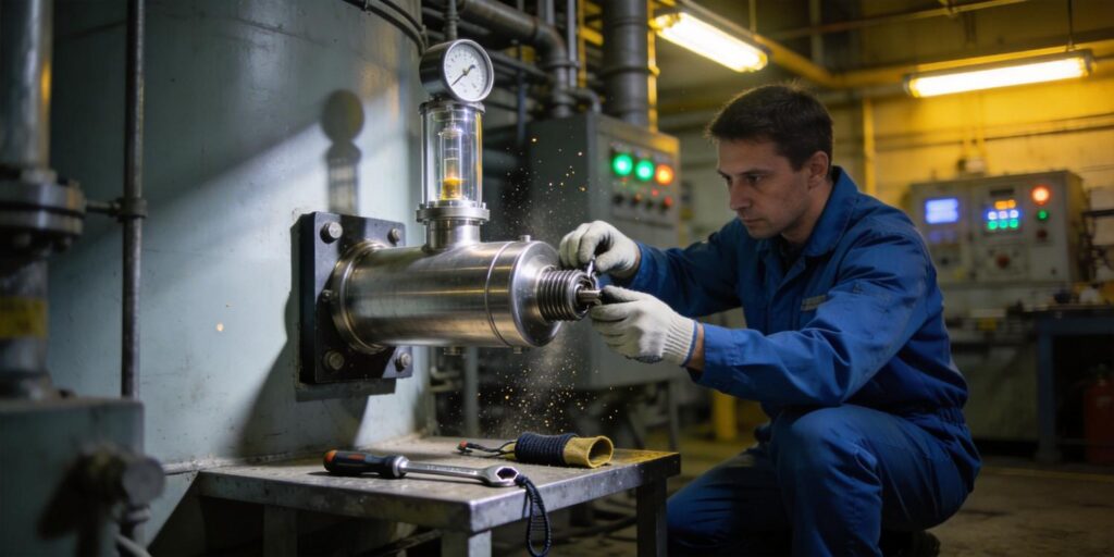 Technician installing compatible cold cathode vacuum gauge on vacuum line