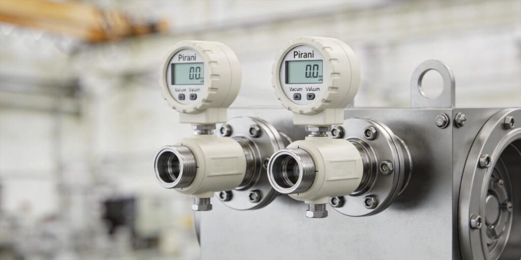 Two Pirani vacuum gauges installed on industrial vacuum chamber