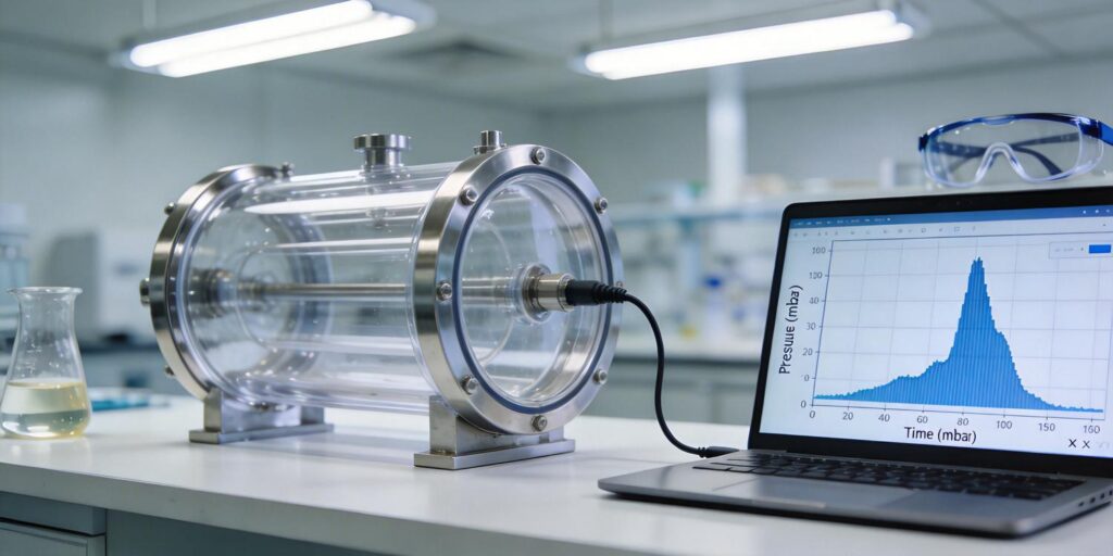 Pressure rise test graph displayed beside vacuum chamber