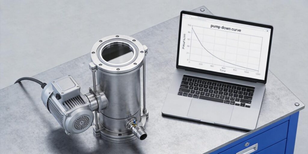 Pump down curve displayed beside industrial vacuum chamber