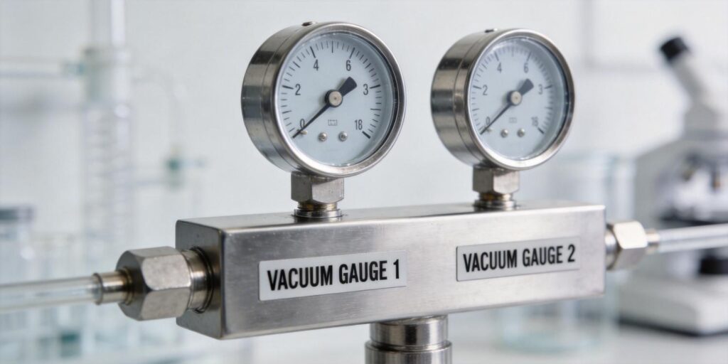Dual vacuum gauges mounted on stainless steel manifold