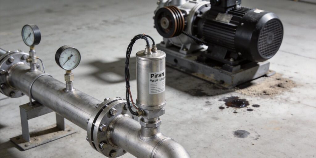 Pirani vacuum transmitter installed on industrial rough vacuum line