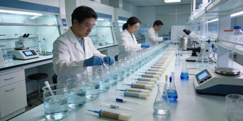 Environmental laboratory analyzing pesticide residues in water using SPE