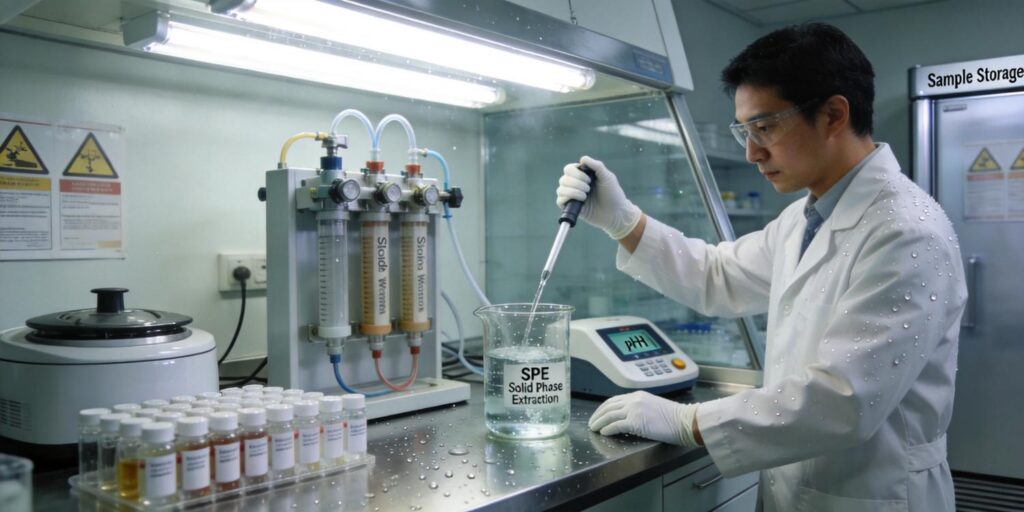 Environmental lab monitoring pharmaceutical contamination in water using SPE