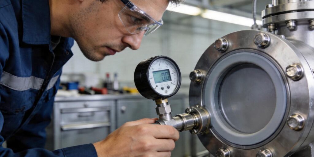 Technician inspecting vacuum gauge flange connection