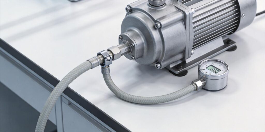 Compact vacuum gauge installed on laboratory vacuum pump