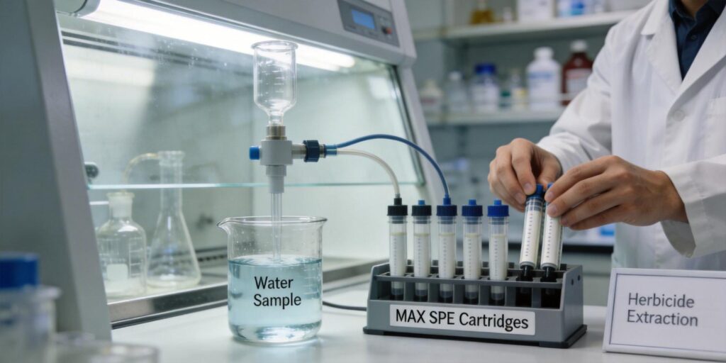 MAX SPE cartridge extracting herbicide residues from water sample