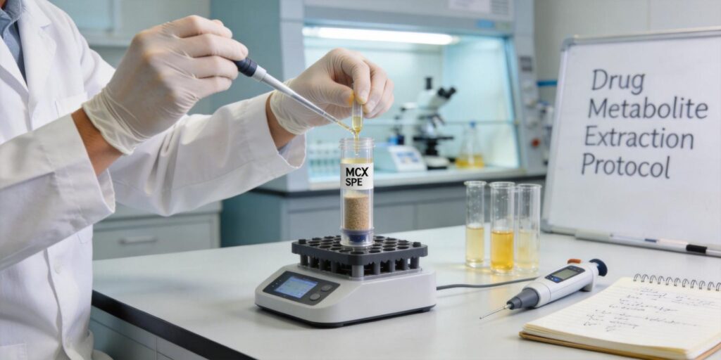 MCX SPE cartridge extracting drug metabolites from biological samples