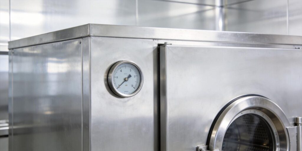 Vacuum gauge mounted on medical sterilization chamber