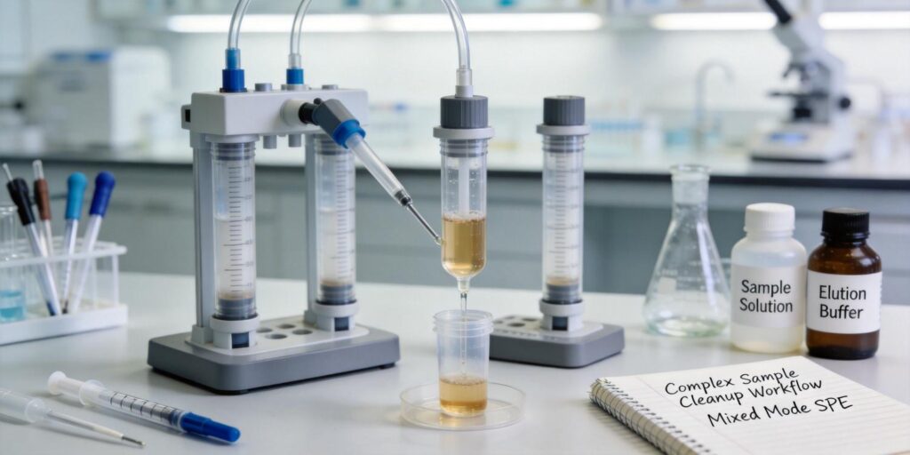 mixed mode SPE cartridge used for complex laboratory sample cleanup
