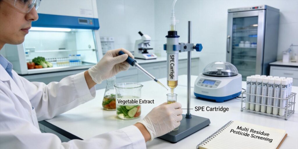 SPE extraction workflow for multi residue pesticide testing